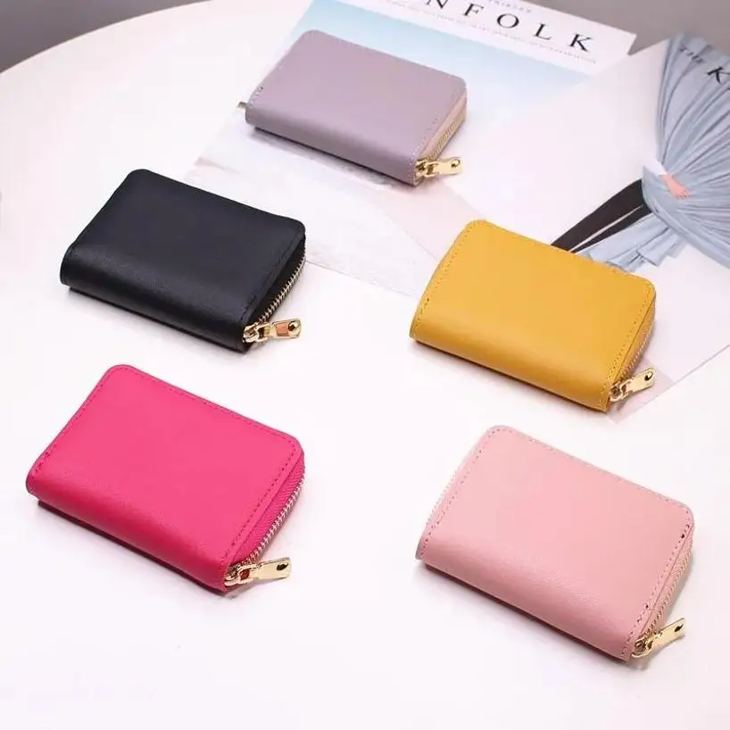 1Pcs PU Leather ID Credit Bank Name Business Card Holder Case Women Zipper Coin Purse Money Bag Change Organizer Blocking Wallet