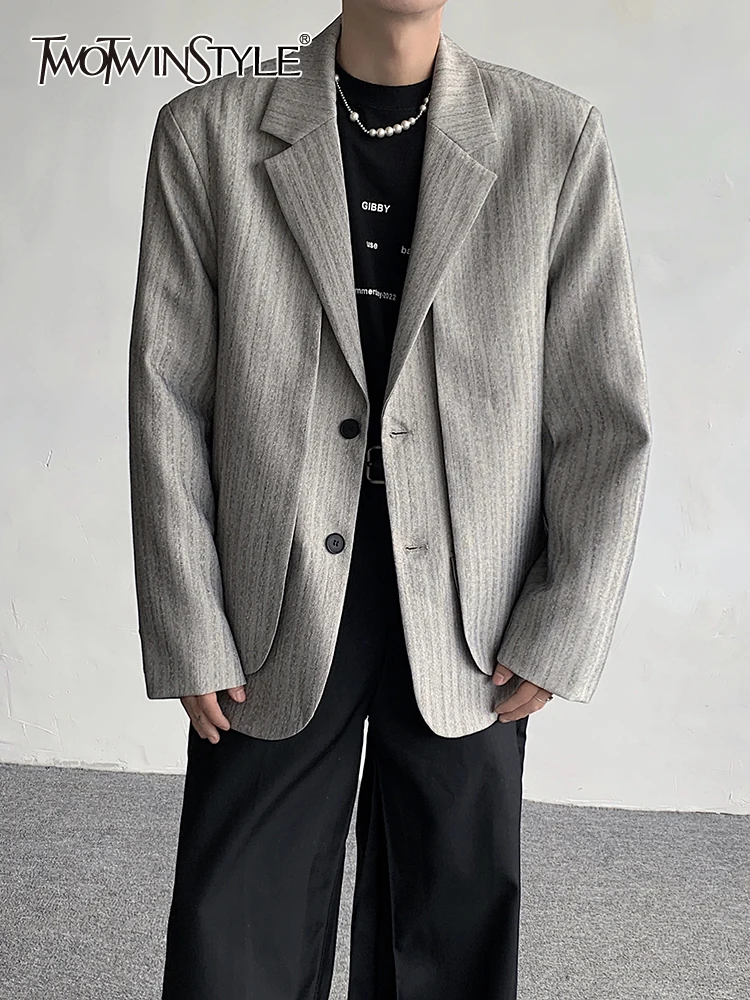 

TWOTWINSTYLE Temperament Minimalist Blazer For Women Notched Collar Long Sleeve Patchwork Button Loose Blazers Female Fashion