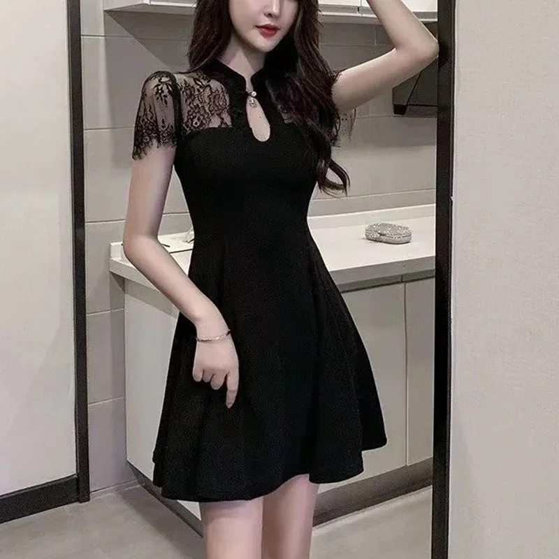 

Женское летнее кружевное платье с воротником-стойкой, элегантное модное черное платье с высокой талией, женские сексуальные платья