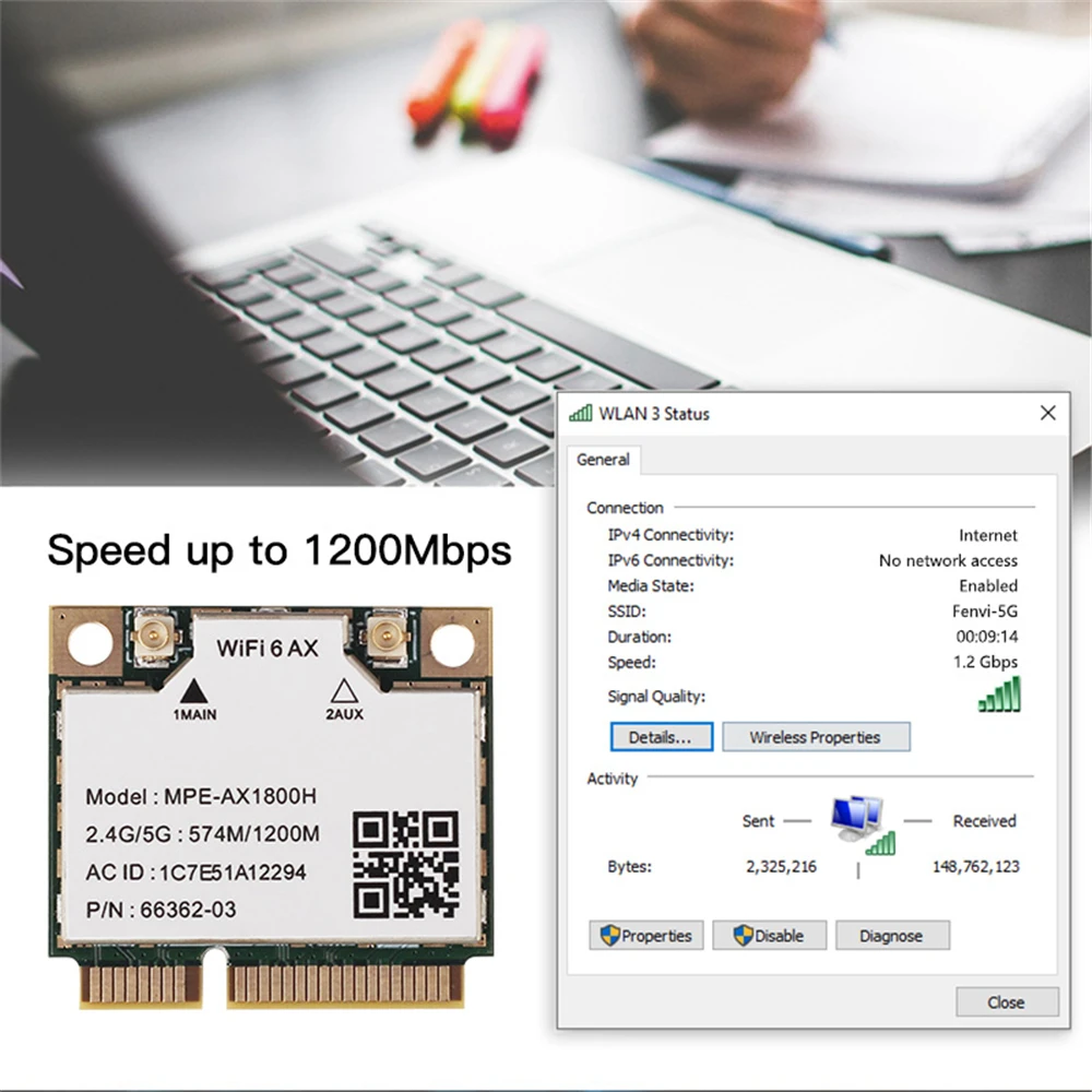 WiFi 6 1800Mbps 어댑터 MPE-AX1800H 미니 PCI-E 2.4GHz / 5GHz 블루투스 5.2 노트북용 Windows 10/11