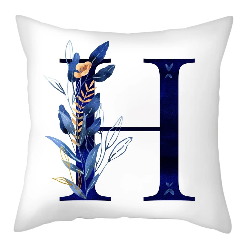Simple Blue Leaf Alphabet Print Cushion Case 26 Letters Decoration Pillows Case Sofa Chair Livingroom Polyester Throw Pillowcase