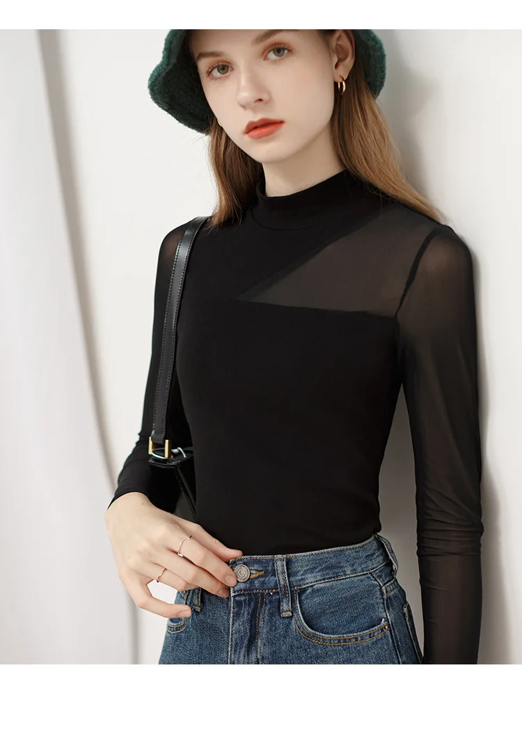 European and American style women's spring new sexy mesh stitching half turtleneck bottoming shirt perspective