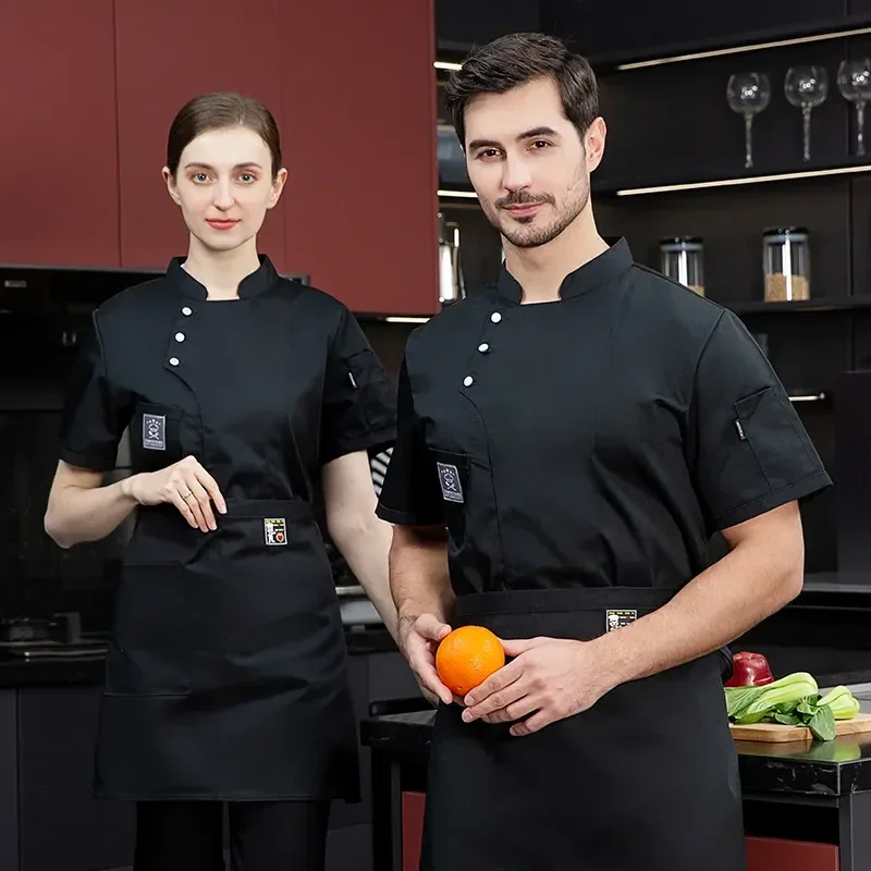 

Waiter Kitchen Logo Costumes Barber Uniform Cook Jaket Breathable Wear Short Restaurant Sushi Coat Chef Sleeve Shirt Free