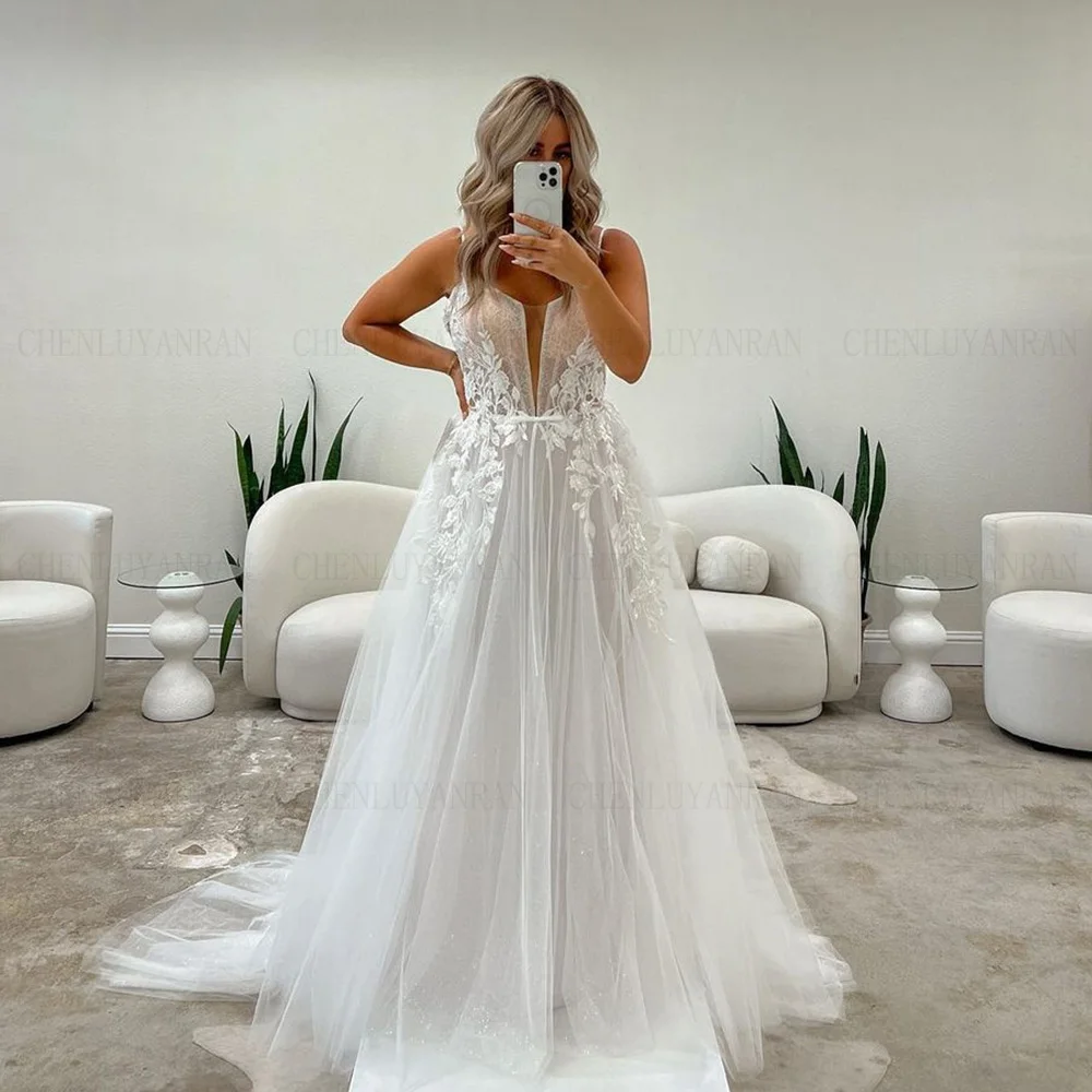 

Boho Tulle Wedding Dresses Elegant A-line Applique Long Bride Dress Side Split Sexy Ivory Dress For Women 2024 Robe De Mariée