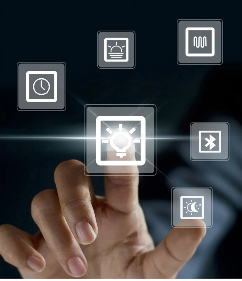 Description Picture 4 of itemModern Intelligent Bath Mirrors Home Touch Screen Bathroom Mirrors Wall Hanging Moon Shaped Round Makeup Mirror with Led Light