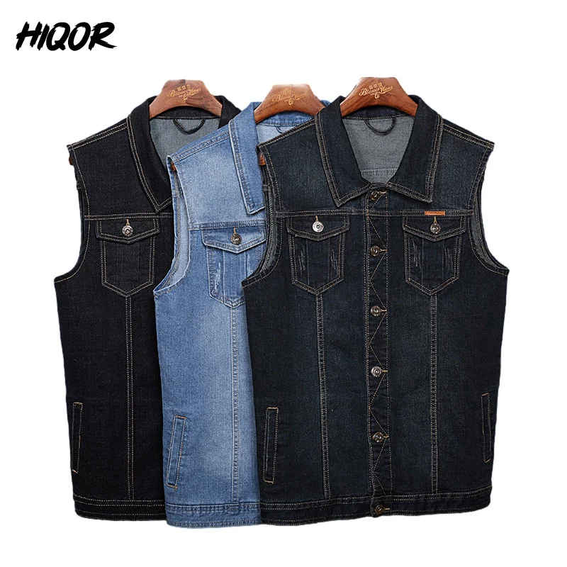 HIQOR Plus Size Male Denim Vest Men Hip Hop Cowboy Jeans Waistcoat Men Motorcycle Style Sleeveless Jeans Jacket Big Size M-8XL