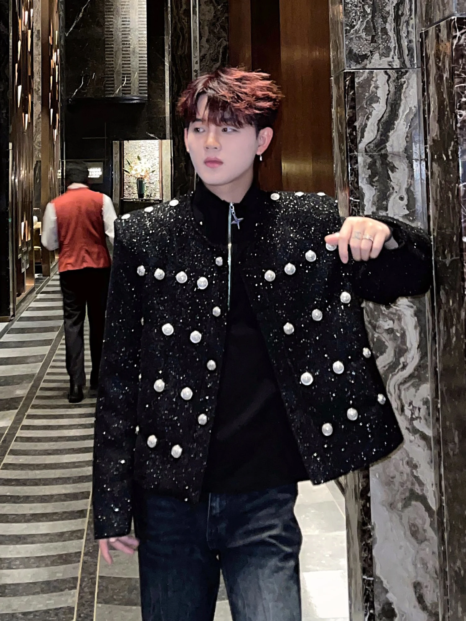 Trendy Male Chic Black Small Fragrant Short Coats Men's 2024 Autumn Winter New Jackets Small Sequins Multi-button Design Jacket 2