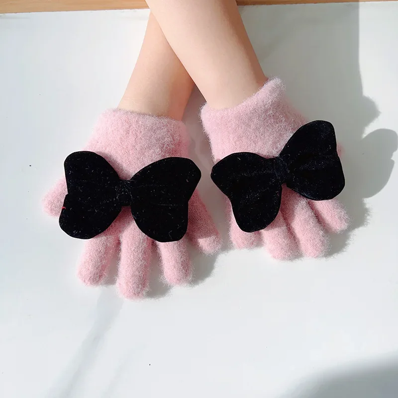 1 Pair Chic Sweet Bow Young Kids Glove Fashion Korean Warm Furry Finger Glove Cute Autumn Winter Outdoor Thicken Plush