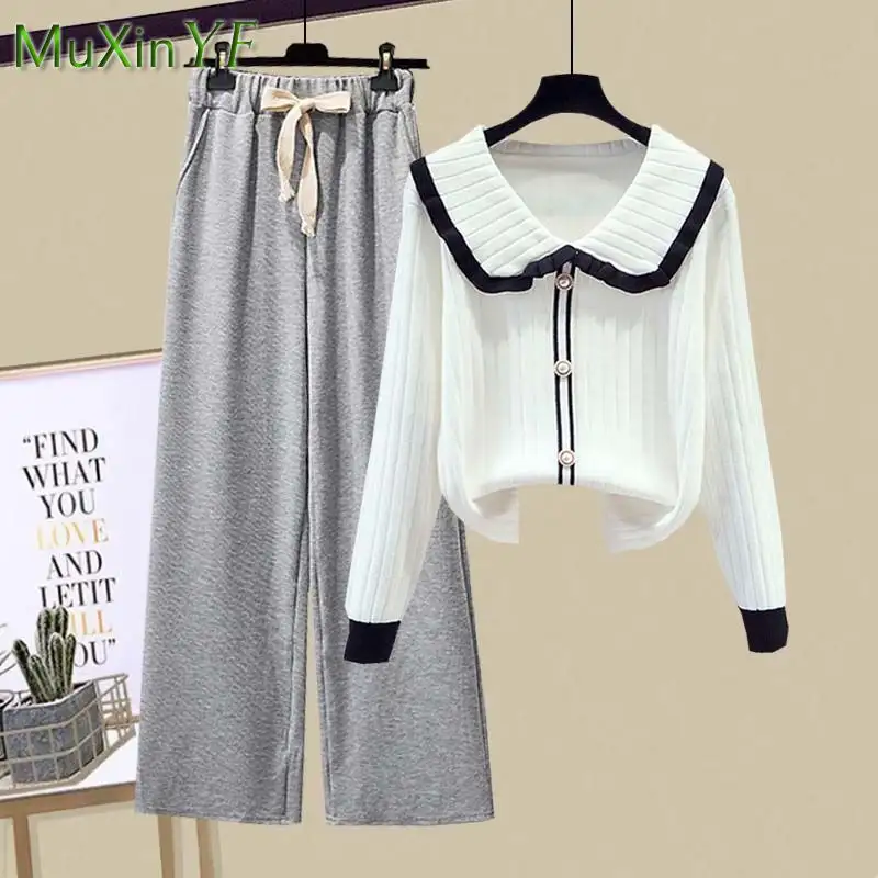 2025 Spring Korean Fashion Knitwear Sweater Wide Leg Pants Two Piece Set Women's Casual Sweatshirts High Waist Trousers Suits - Image 5