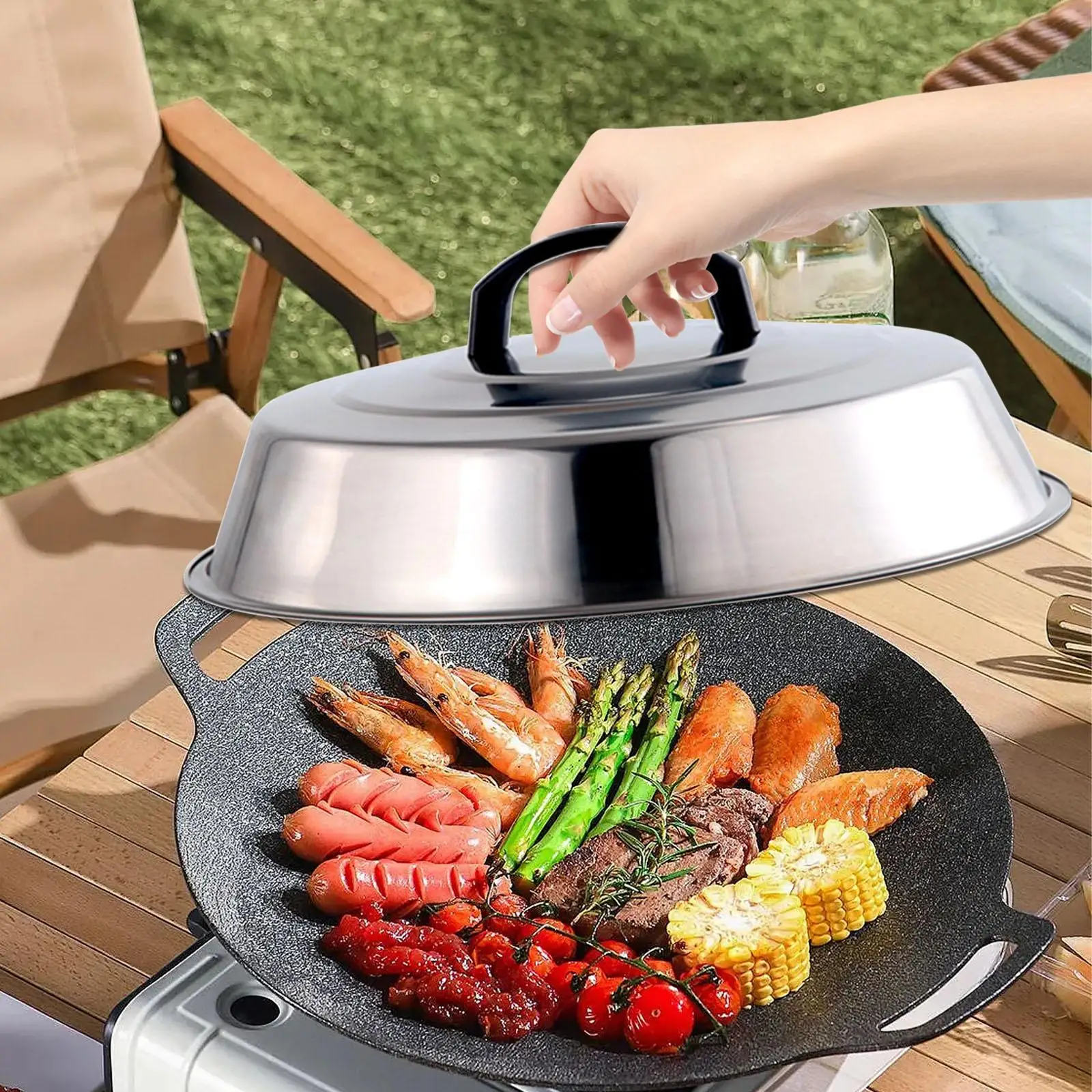 Burger Cover Round Griddle with Handle Stainless Steel Cheese Melting Dome For BBQ Steak Cooking Steaming 31CM
