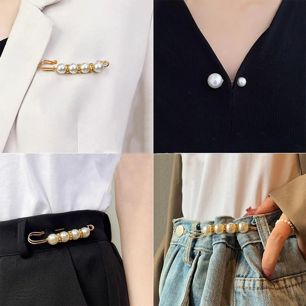 6Pcs Pearl Waist Tightener Brooch Pin Adjustable Pants Clip No Sew Metal Alloy Golden DIY for Jeans Skirt Dress Shirt Decoration