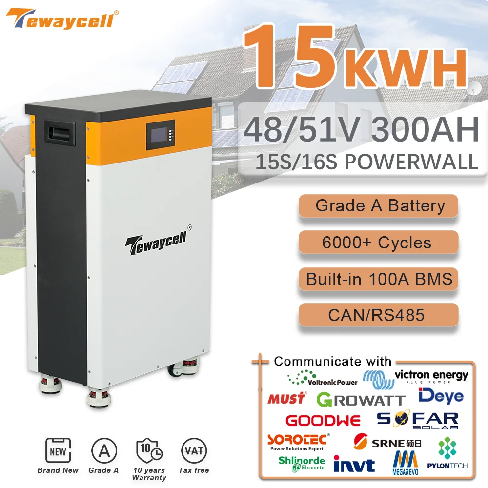 Tewaycell 300AH 15KWh 48/51V LiFePO4 แบตเตอรี่ Buitl-in BMS Powerwall 6000 รอบแบตเตอรี่ลิเธียมเหล็กฟอสเฟตพลังงานแสงอาทิตย์ ESS DDP ภาษี 1