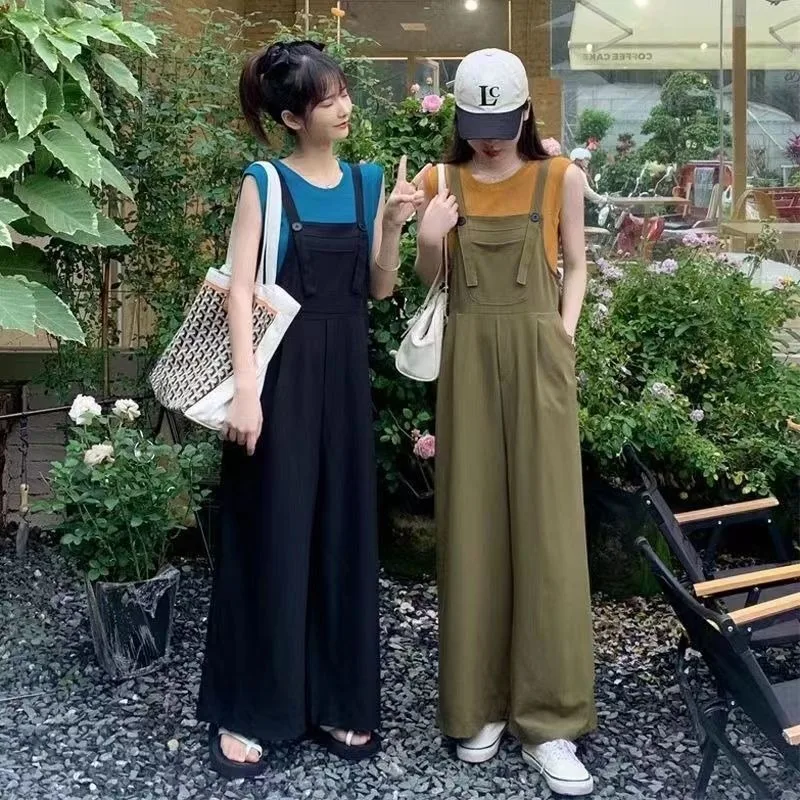 Women's French Haute Couture Straight Leg Slimming Wide Leg Jumpsuit with Shoulder Straps