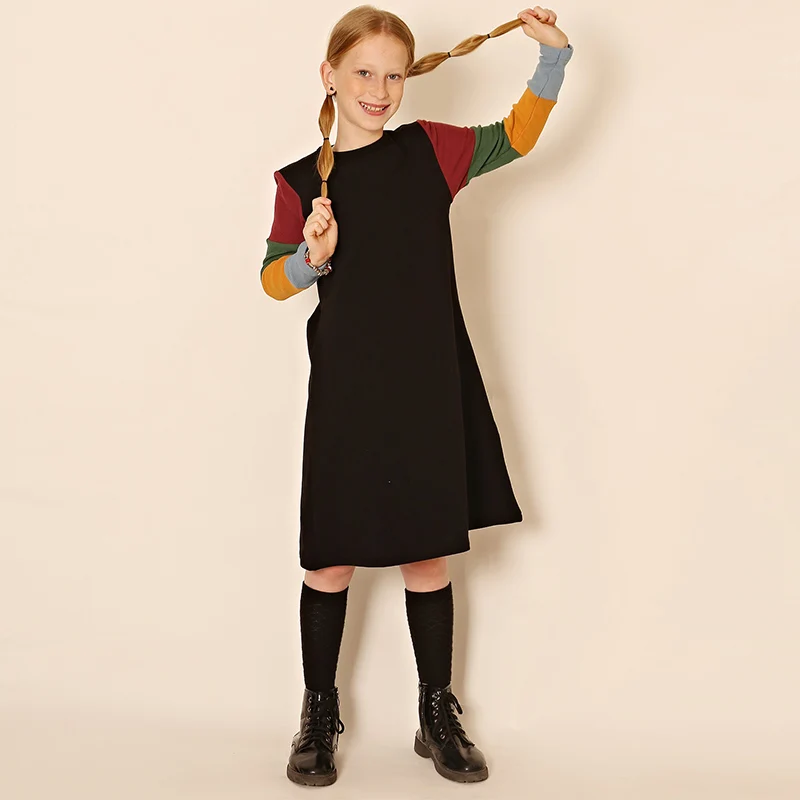

Girls dresses colorful sleeves set autumn/winter round neck kids clothes children clothing girl dress cotton with waffle sleeve
