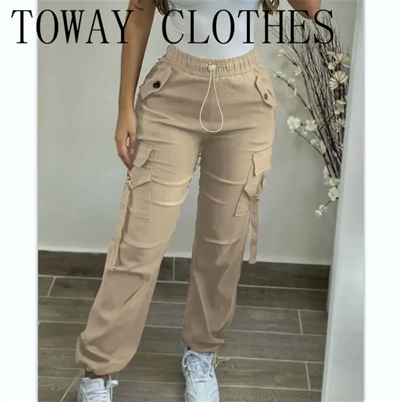

Women Fashion Multi Pocket Side Safari Style Elastic Waist Straight Long Pants Autumn Winter Summer Wide Leg Cargo Trousers