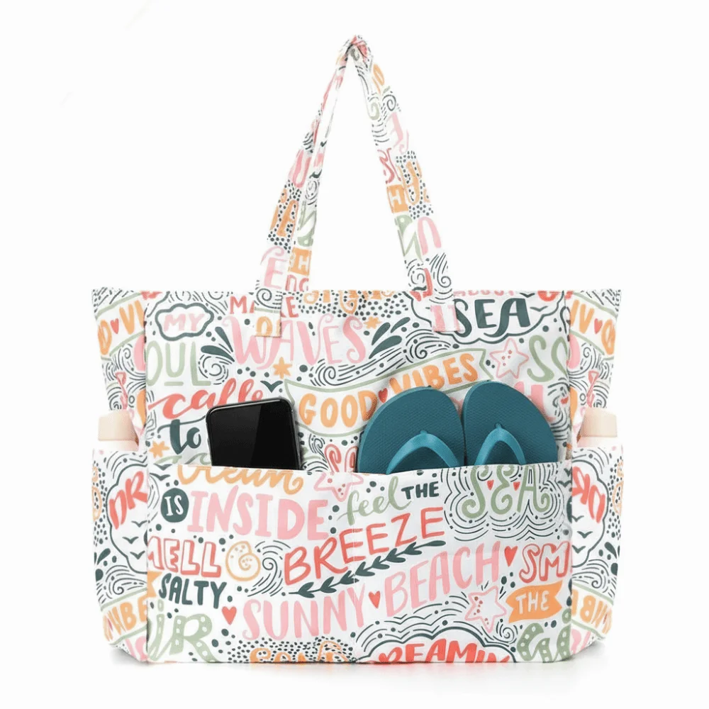 Strandtasche mit mehreren Taschen, faltbar, großes Fassungsvermögen, für Fitness, Lebensmittel, Urlaub, sanddicht, mit Reißverschluss, Umhängetasche – Detail 4