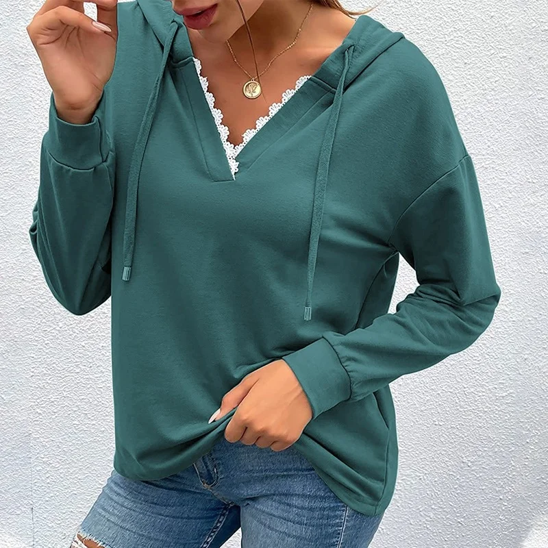 Women's Pullover Lace Patchwork V Neck Tops Casual Long Sleeve Pocket Sweatshirts New Fashion Solid Color Hoodies Fashion Jumper