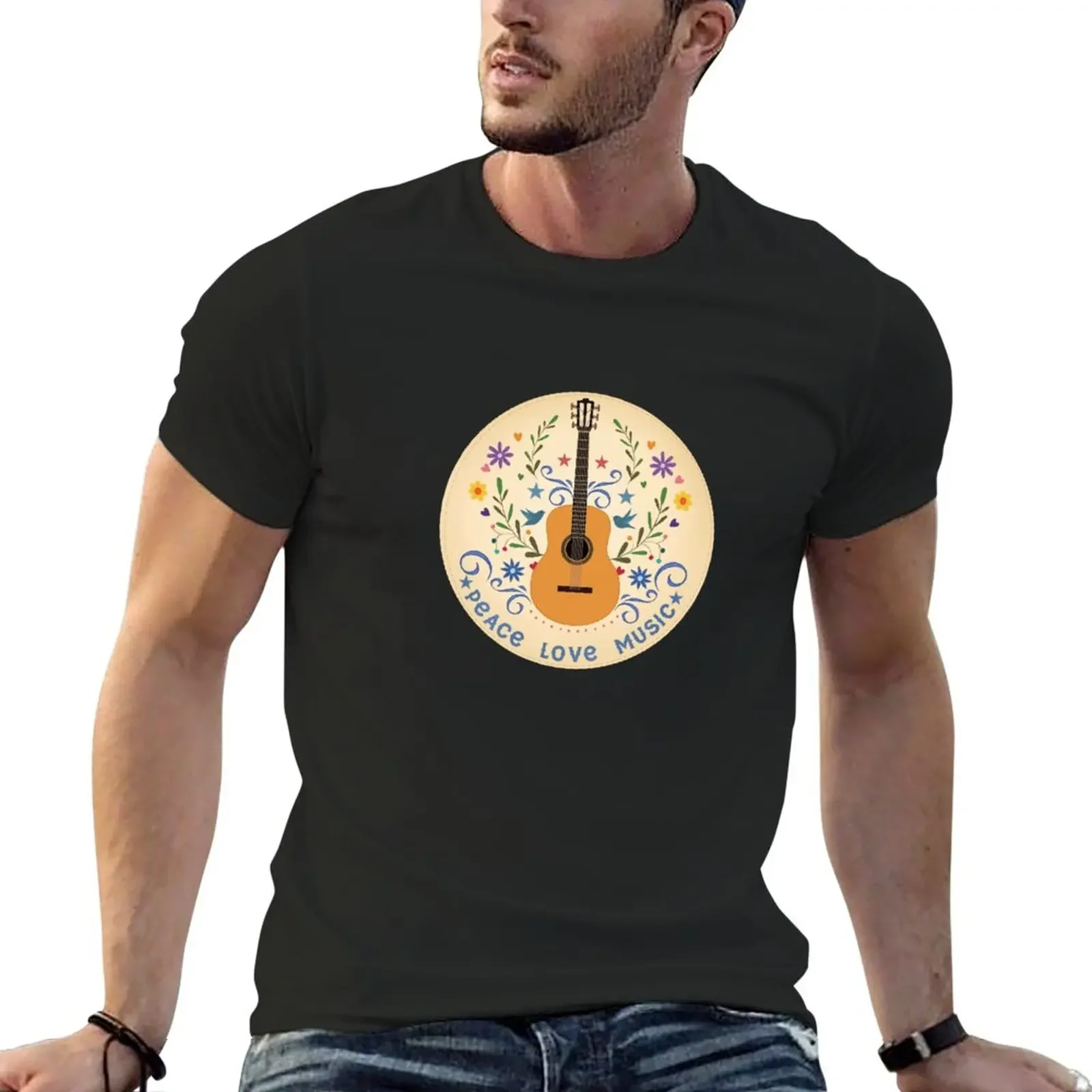 

Peace Love And Music Folk Guitar Badge T-Shirt oversizeds hippie clothes Men's t-shirts