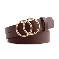 Silver Gold Double Ring Fashion Waist Belt - 105CM (Golden ring Brown)