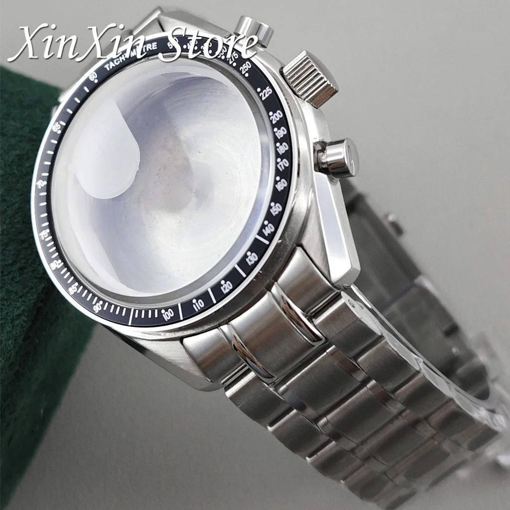 Men's 39.7mm Blue Bezel Watch Case with Moon Pattern Back and Chronograph Function for Quartz Movement, Fits 20mm Strap
