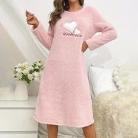 Super-Soft Flannel Nightgown Pink Heart Embroidery Long-Sleeve Round Neck Dress Comfortable Fit Warm Women's Homewear Loungewear