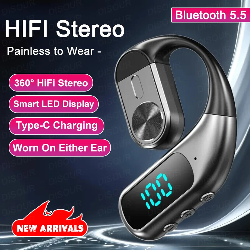 Single Ear Bluetooth 5.5 Wireless Earphone LED Display Ear-Hook Headset 180&deg; Rotatable Wireless Earbuds Waterproof Sport Headset
