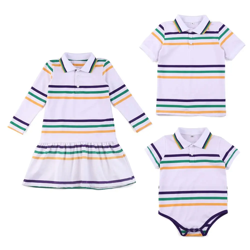 

Striped Long Sleeve Girls Dress Cotton Sports Kids Boys Polo T Shirts Sibling Mathing Outfits Mardi Gras Baby Clothes