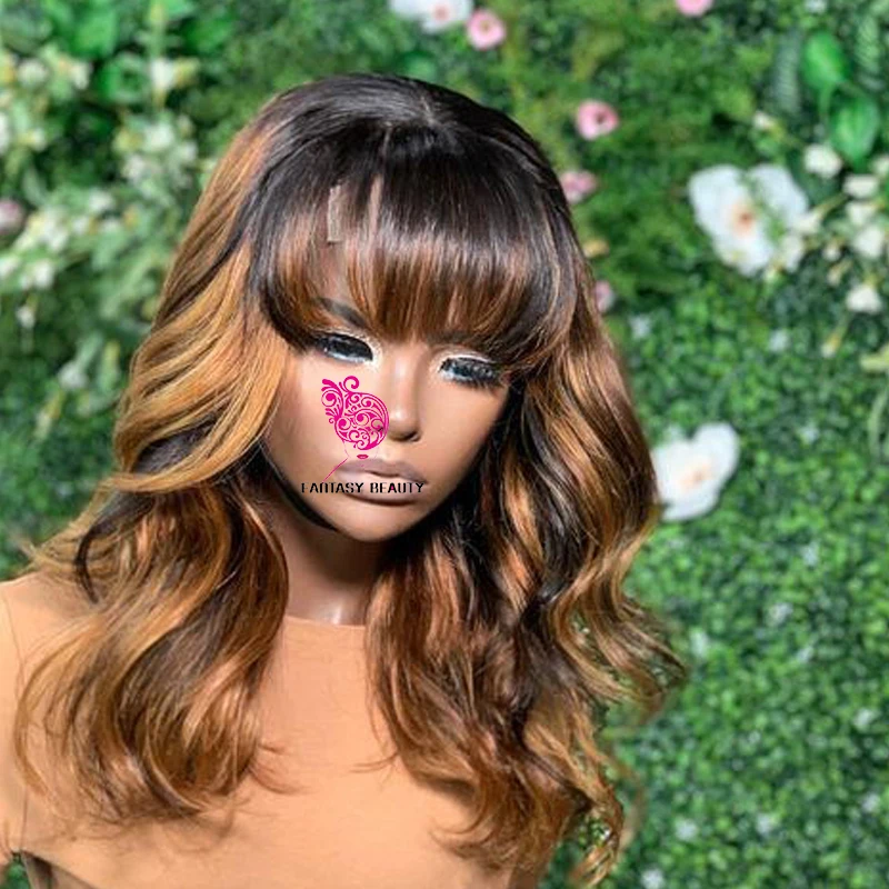 Ombre Body Wave Machine Made Full Human Hair Wigs for Black Women Thick Bangs Glueless Fringe Ombre Highlight #27 Blonde Wigs