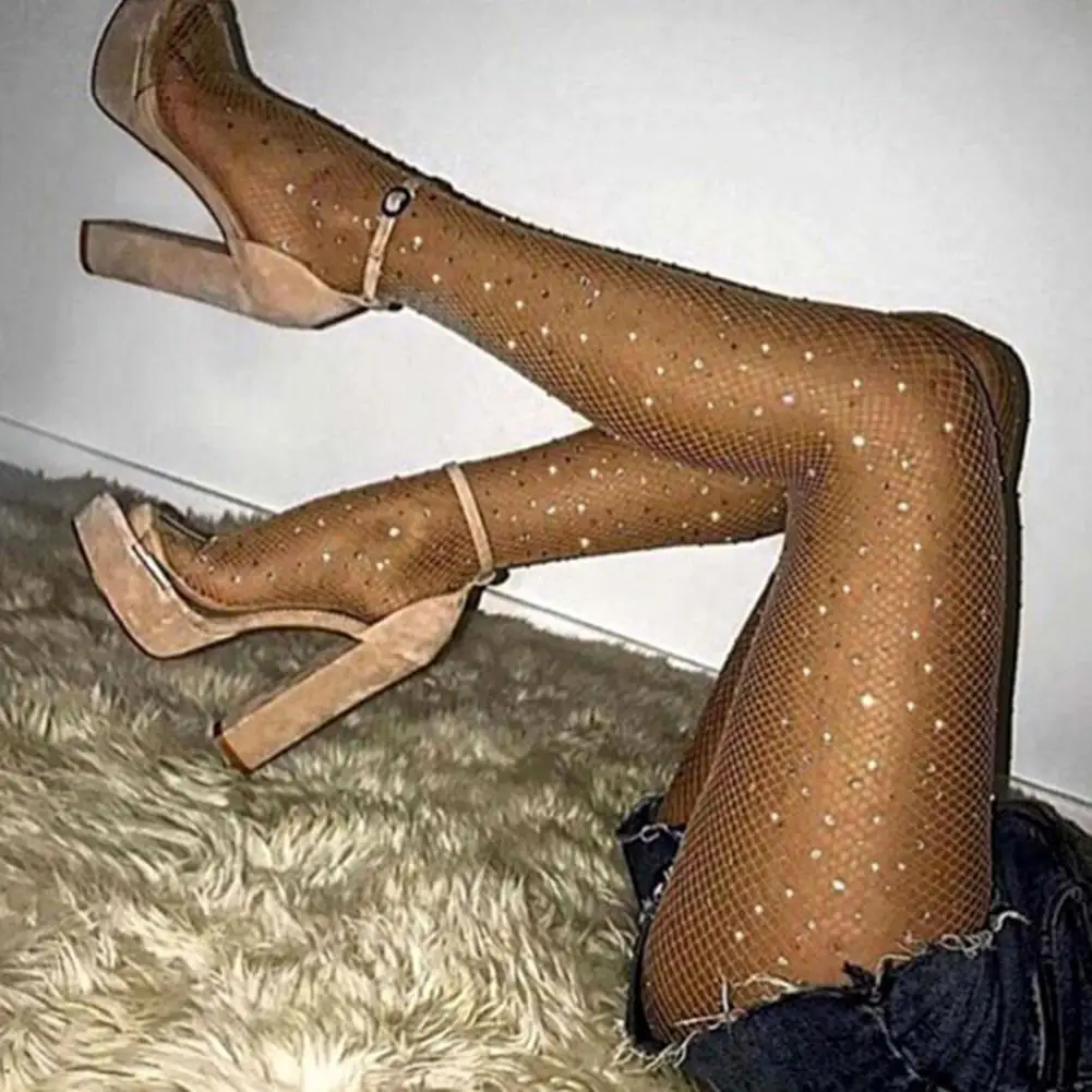 

Sexy Women Pantyhose Shiny Rhinestone High Elasticity Anti-slip Ultrathin See-through Hollow Out Fishnet Party Club Pantyhose