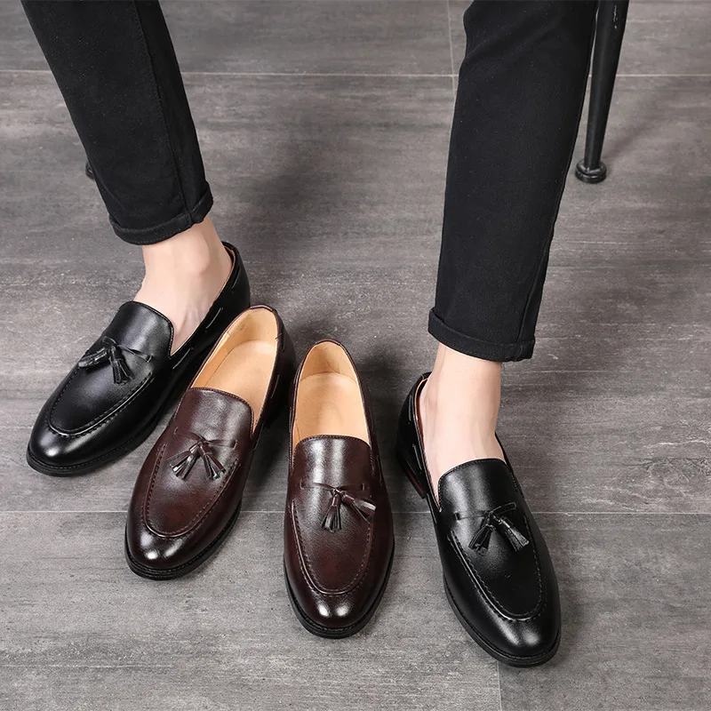 

Men Dress Shoes Loafers Tassels Brown Black Handmade Business Solid Round Toe Slip-On Shoes for Men with Free Shipping