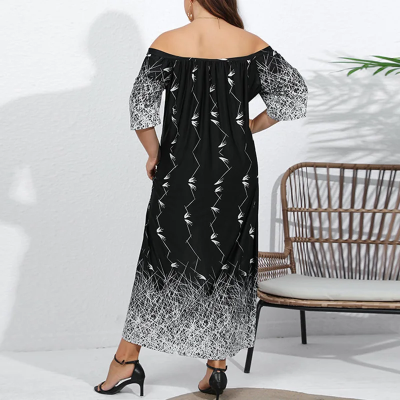 Plus Size Clothes One Word Collar Casual Vacation Loose Fitting Half Sleeve Retro Printed Backless Ice Silk Female Long Dress