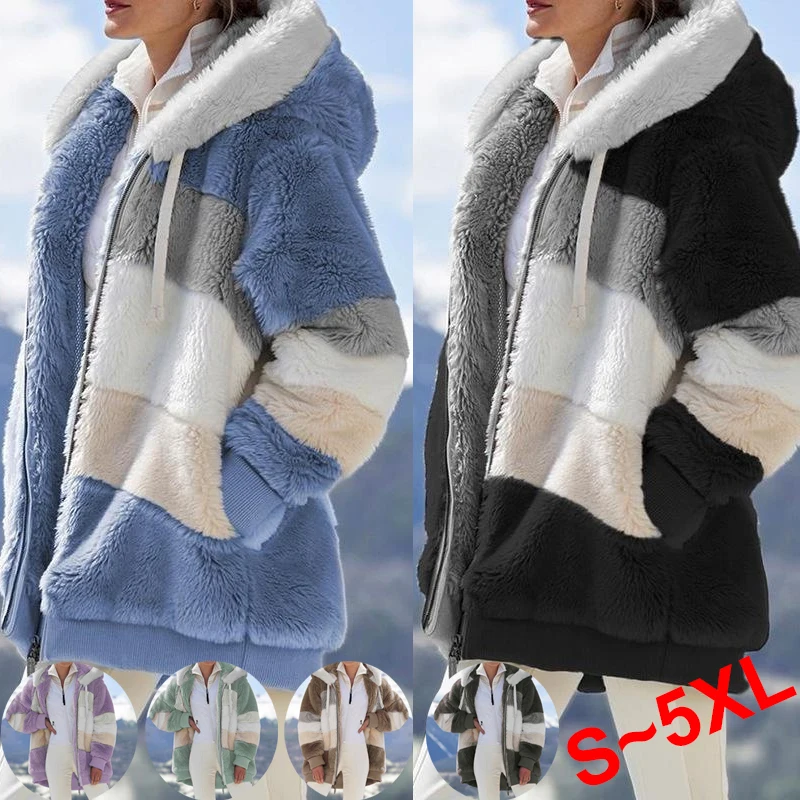New Women's Fluffy Artificial Fur Warm Coat Loose Jacket Autumn/Winter Zipper Coat Multi color Patch Warm Hooded Coat S-5XL