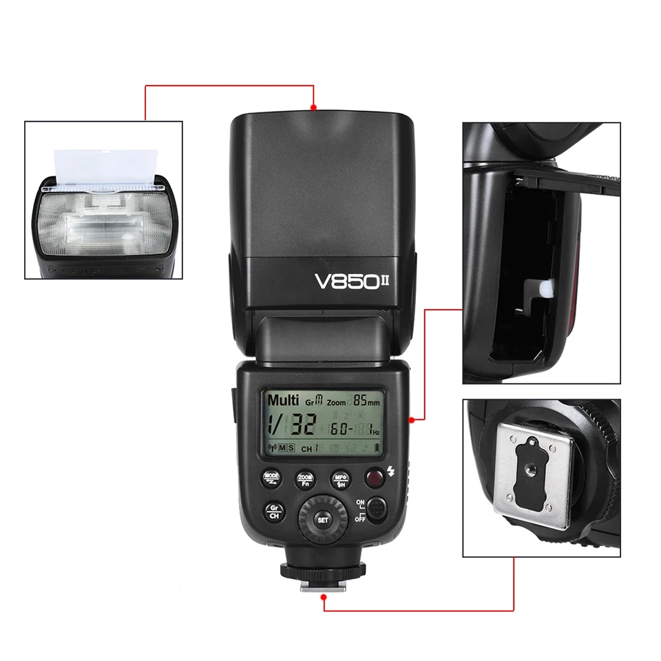 고독스 V850II 키트 GN60 2.4G 1/8000초 HSS 리튬이온 카메라 플래시 1.5초 재사용 시간 카메라 스피드라이트 캐논 니콘 용