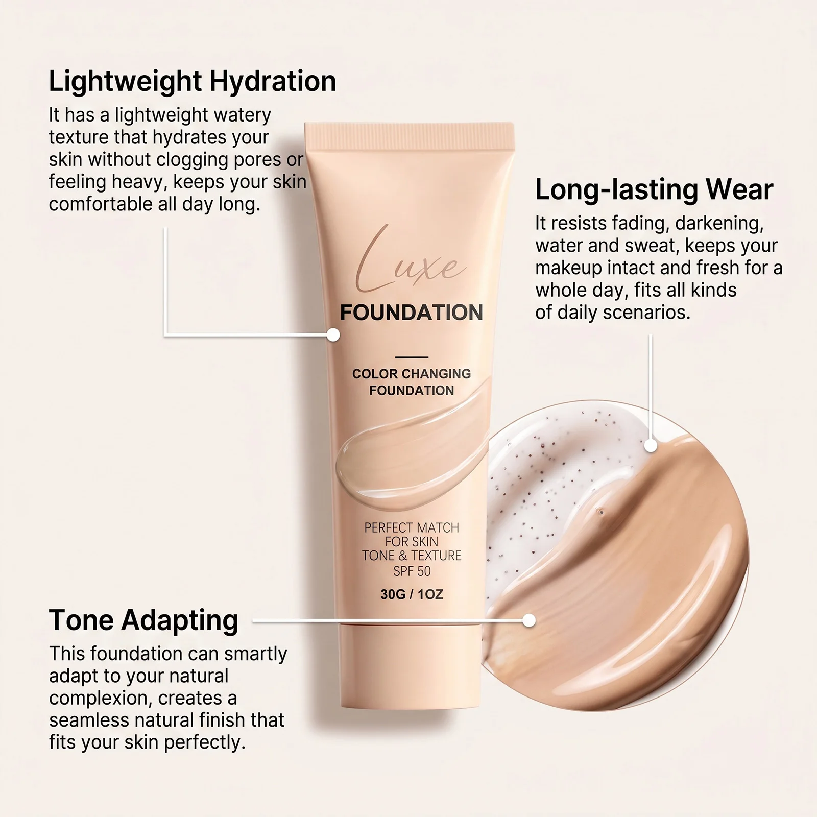 Fondotinta SPF 50 che cambia colore per nascondere le imperfezioni del viso, auto-regolante, si adatta al tono della pelle, trucco invisibile per il viso. - immagine 5