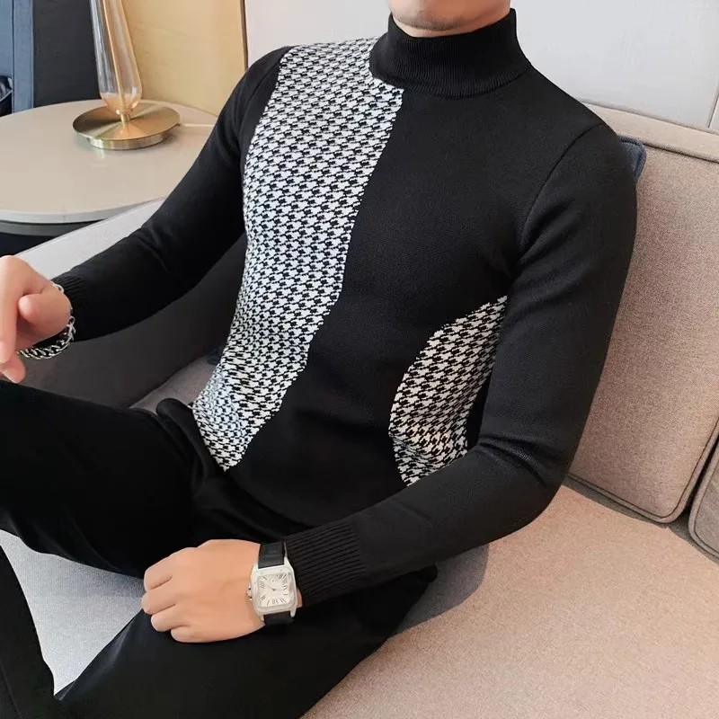 British Style Plaid Knitted Sweater Men's 2024 Spring Autumn Slim Fit Casual Business Pullover Mock Neck Knitwear Men Clothing 6