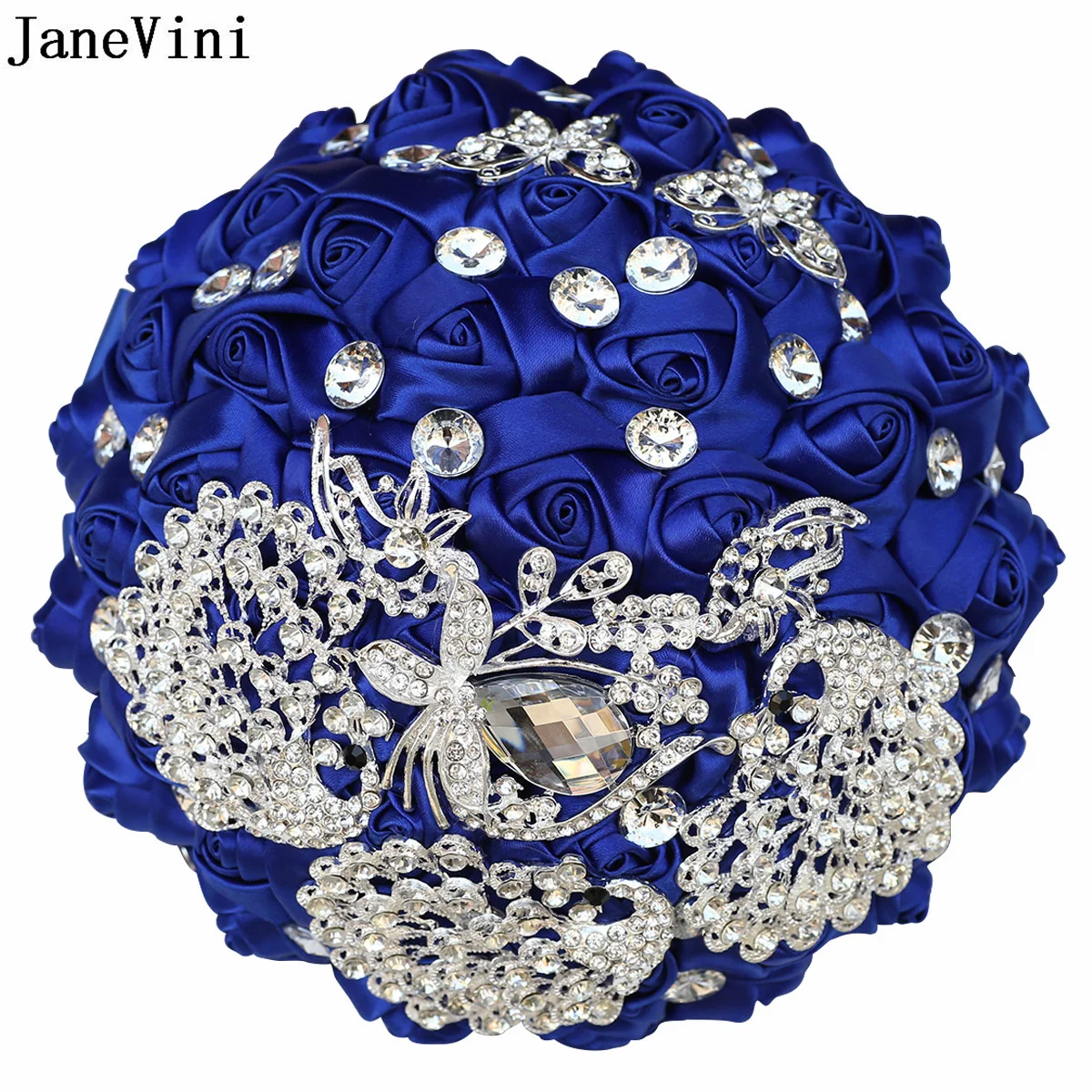 JaneVini Royal Blue Wedding Bouquet Charm Fleurs Luxury Silver Crystal Rhinestone Bride Flower Bouquet for Wedding Photography