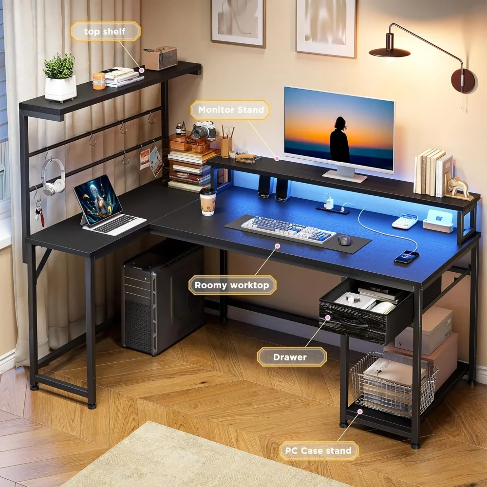 52" W Gaming Desk with Drawers Stable L Shaped Desk with 3 Power Outlets,USB Port & Type-C Port,L Shaped Gaming Desk 3