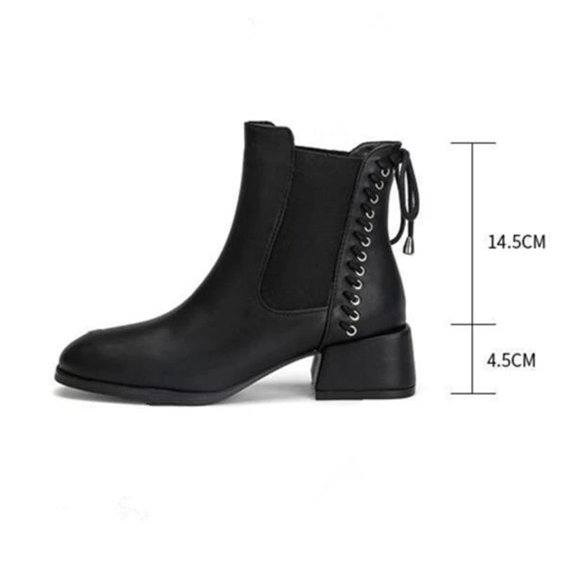 Women's Spring Autumn Chelsea Boots Lady Fashion Back Lace Up PU Leather Black Shoes 2023 New Shoes Female Korean Fashion Gift