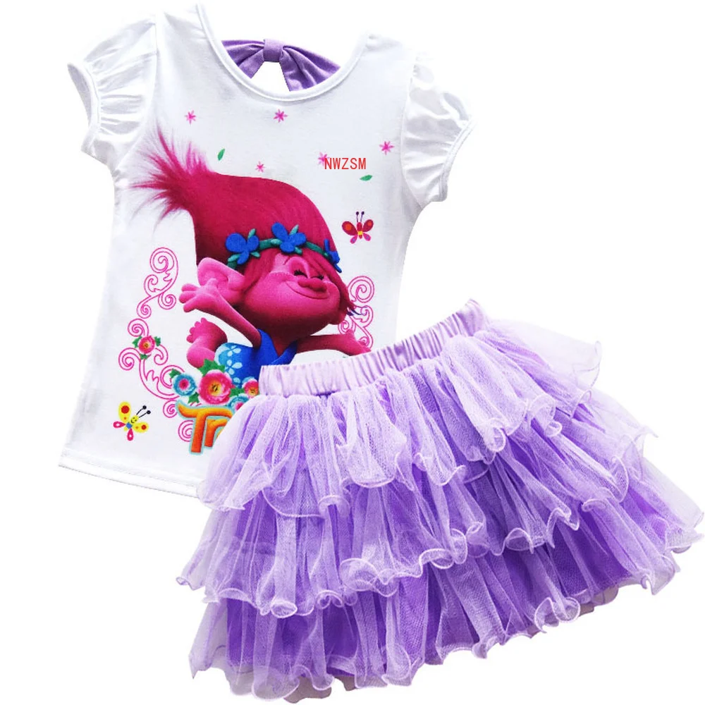Kids Cosplay Costume Fashion Girls Anime Trolls T-shirt + Skirt 2pcs Birthday Party Costume Summer Dress Cartoon Short Sleeve Outfits