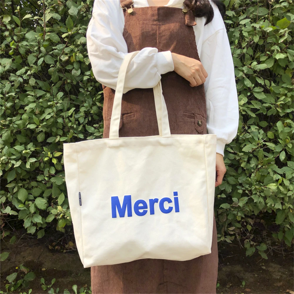 Merci Women Big Canvas Shoulder Bags French Print Eco Friendly Grocery  Shopping Bag Cotton Cloth Handbag Casual Tote For Ladies - AliExpress