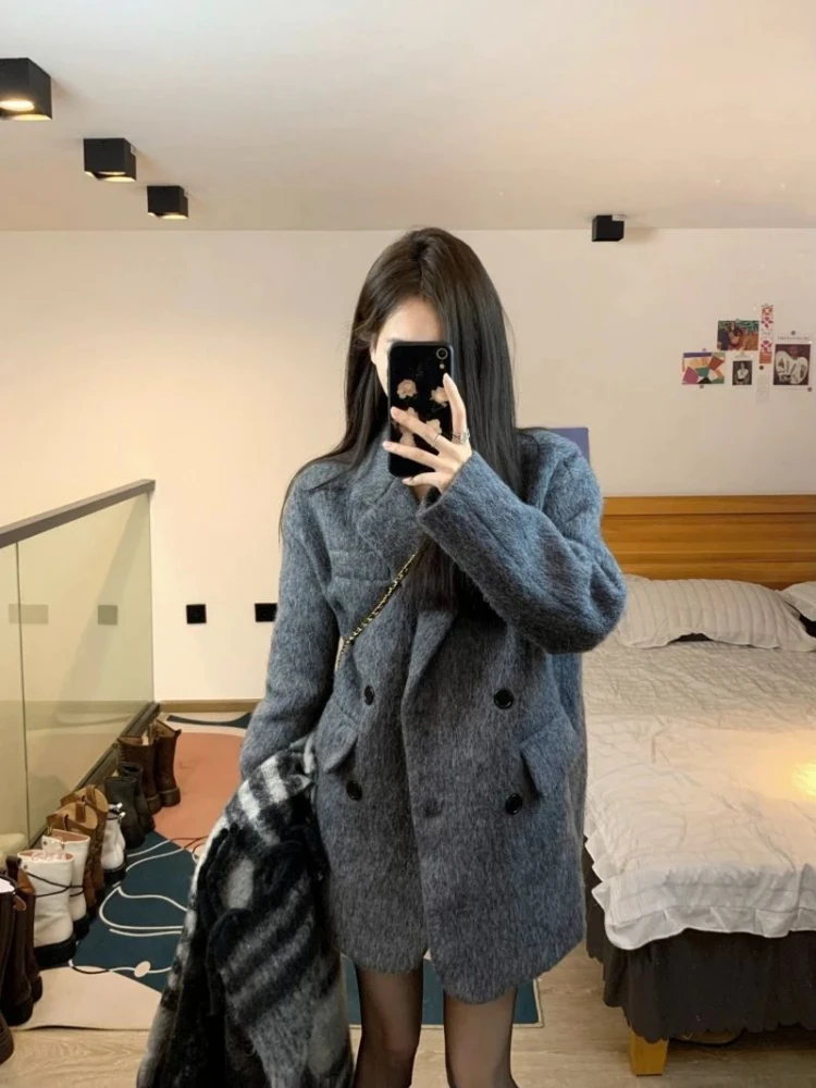 

UNXX Autumn Winter 2023 Loose Fit Gray Elegant Oversize Thick Woolen Blazer Parkas New Long Sleeve Women Fashion Tide Blazer