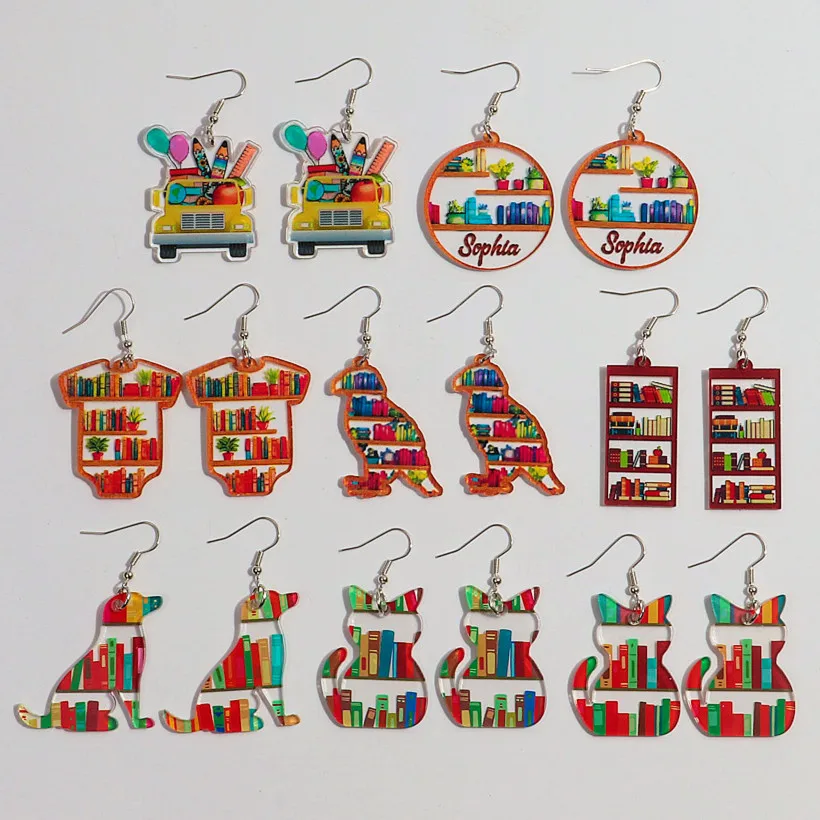 

Funny Acrylic Library Bookshelf Earrings for Women New Bookcase Round Dog Cat Shape Dangle Earring World Reading Day Jewelry