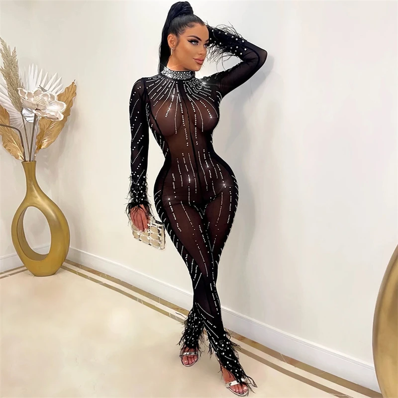 

Adogirl Feathers Pearls Daimonds Sheer Mesh Jumpsuit for Women