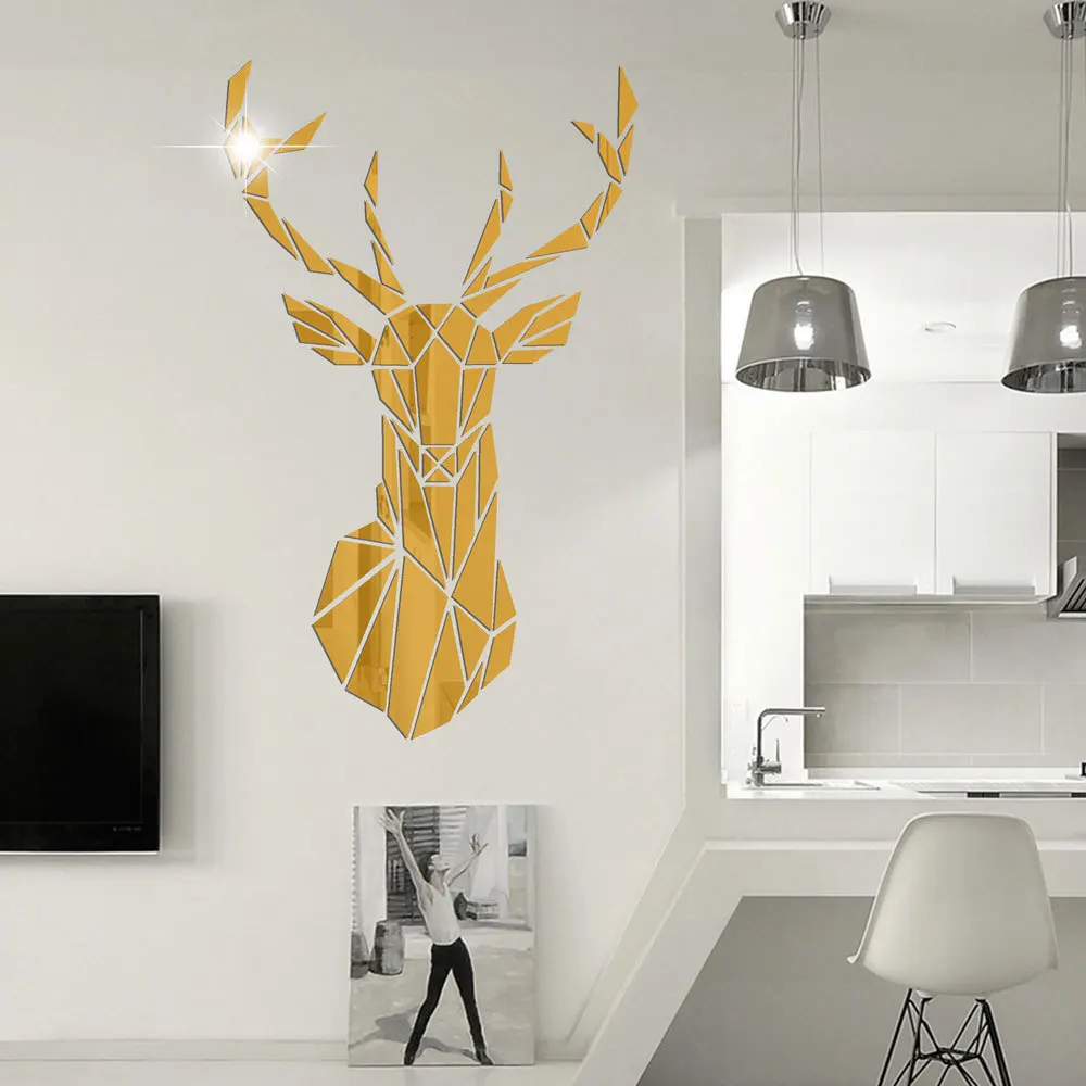 Mirror Wall Sticker 3D Deer Head Mirror Wall Sticker DIY Multiple Sizes Acrylic Mirror Stickers Mural Living Room Bedroom Kids Home Decoration