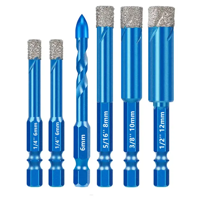 Lot de 6 forets diamantés à sec pour granit, porcelaine, carrelage, céramique, marbre, avec tige hexagonale, diamètres 1/4'', 5/16'', 3/8'', 1/2'' 1
