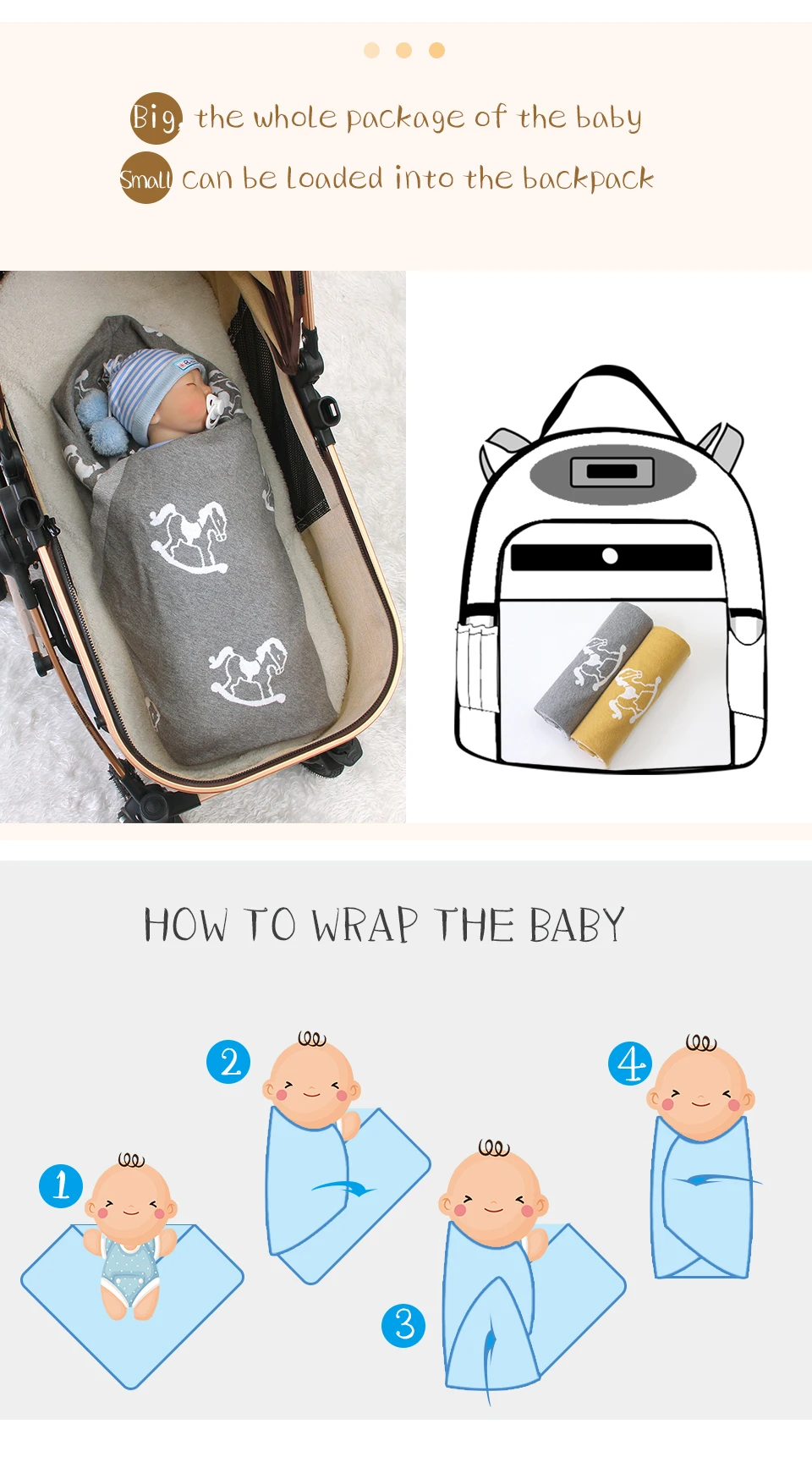 Description Picture 5 of itemBaby Blankets All Seasons Comfortable Newborn Boys Girls Cotton Stroller Bassinet Swaddle Wrap Sleep Covers Stuff 100*80cm Mats