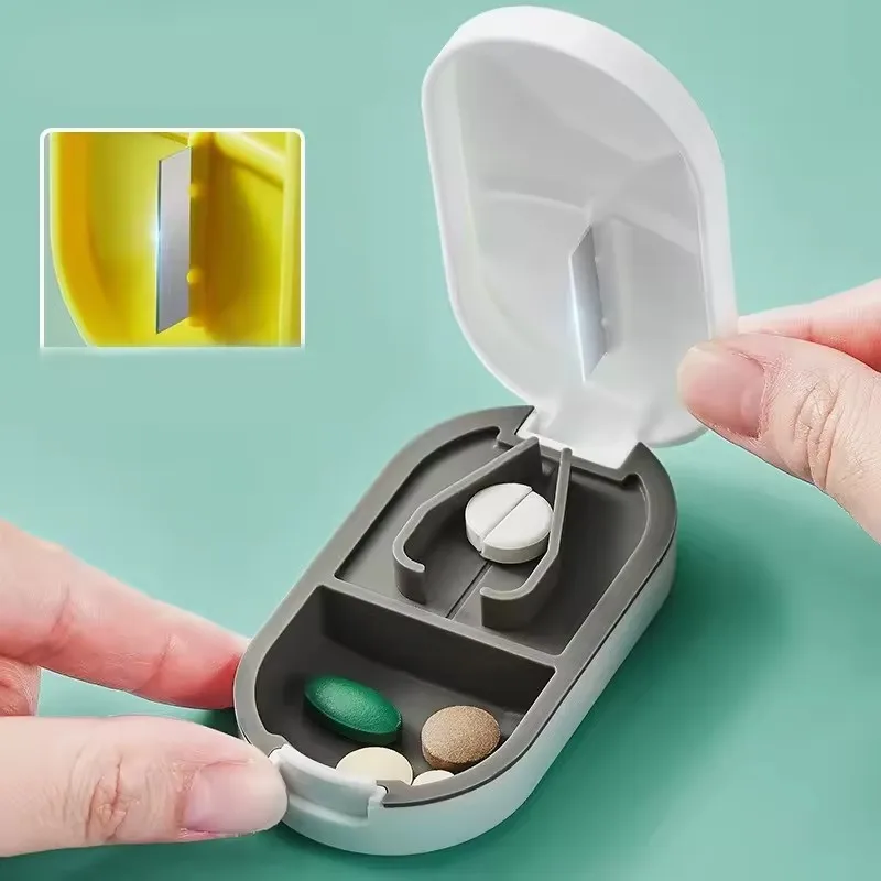 Pill Cutter Portable 2-in-1 Pill Box Stainless Steel Blade
