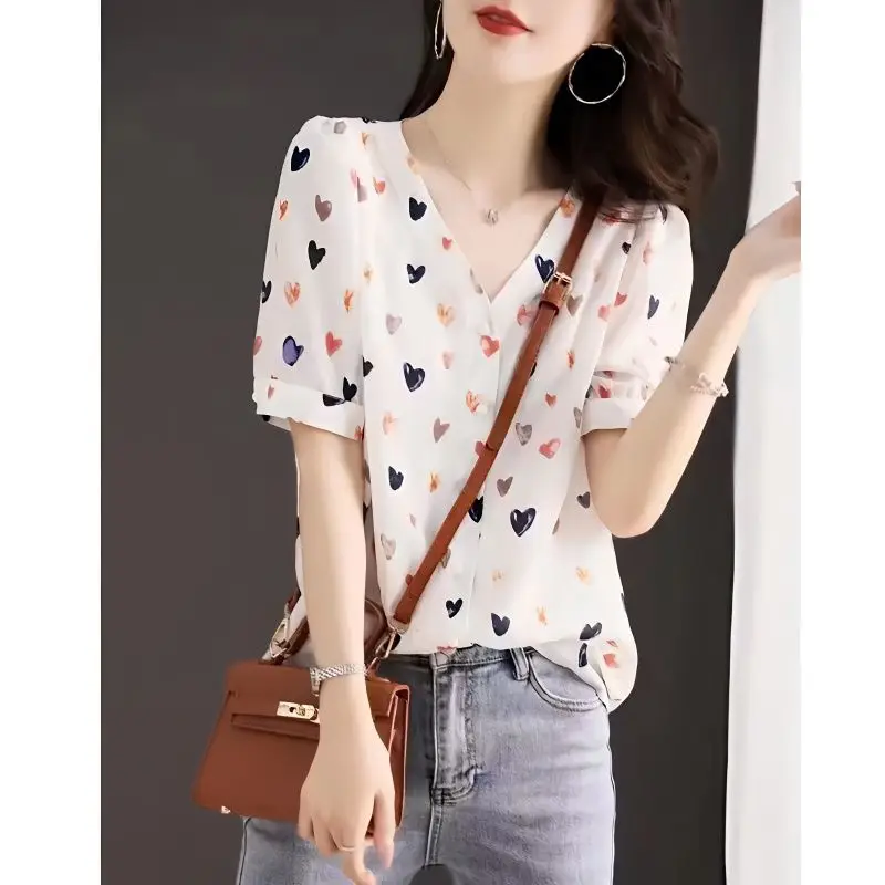 

2024 Fashion Women Summer V-neck Chiffon Shirts Female Short-sleeved Loose Shirt Ladies Single-breasted Print Blouses F25