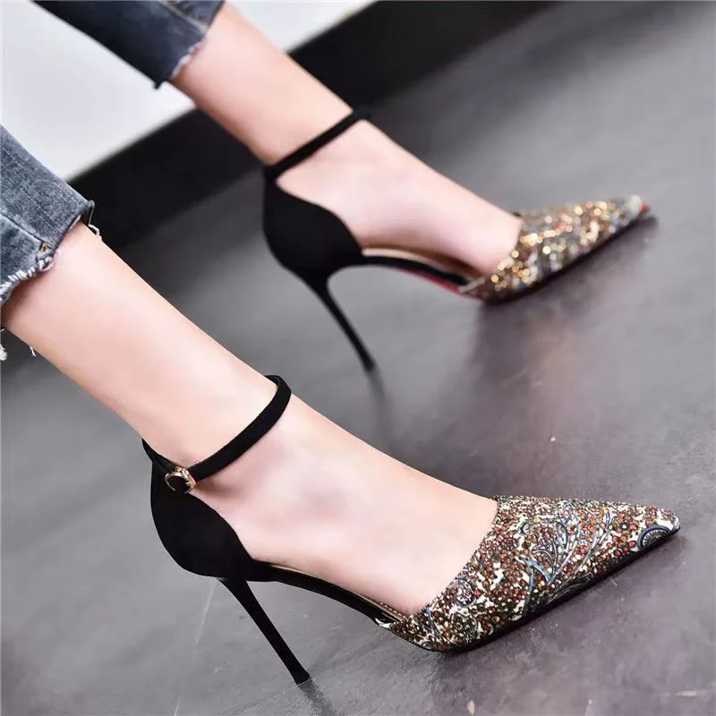 sexy thin high heels summer women's pump fashion ankle buckle pumps casual pointed toe shallow shoes rhinestone lady party shoes