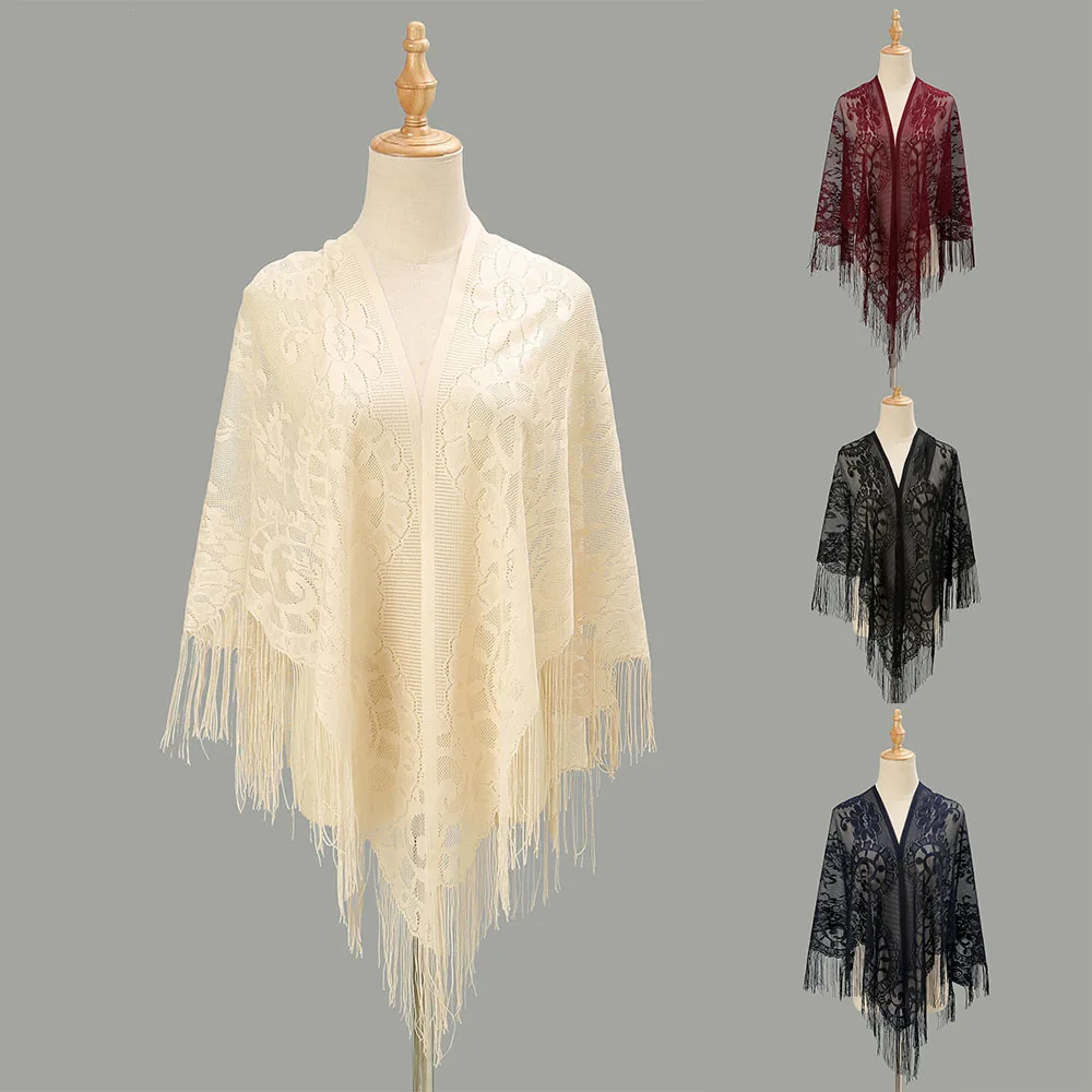

Triangle Lace Scarf Long Tassels Shawls Wraps Hollow Mesh Floral Printed Scarves Elegant Women Evening Party Shawl Sheer